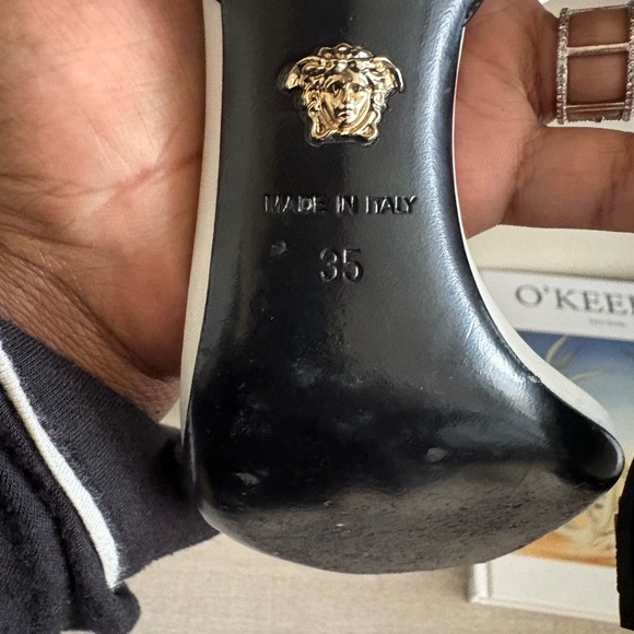 Versace Black & White Ankle-Strap Logo Sandals - Picture 6 of 6